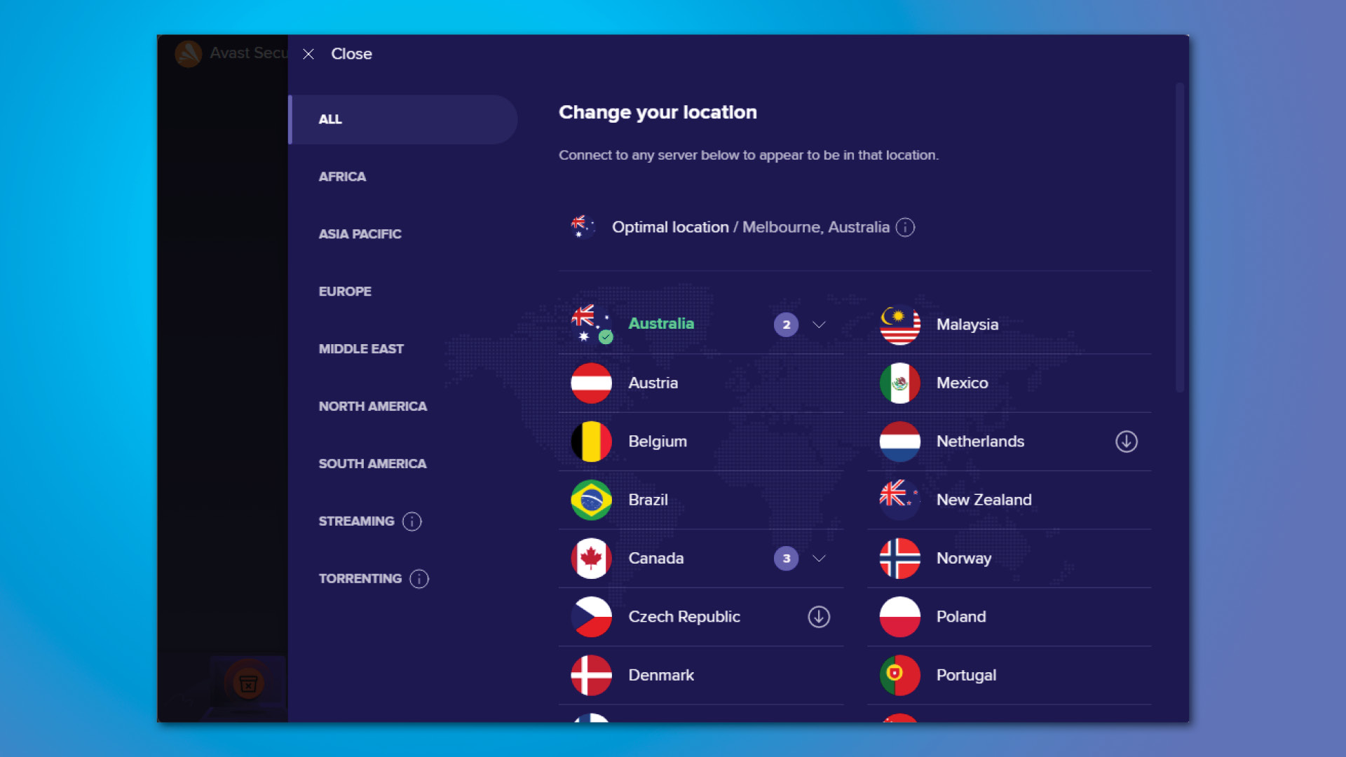 Avast SecureLine PC VPN regions