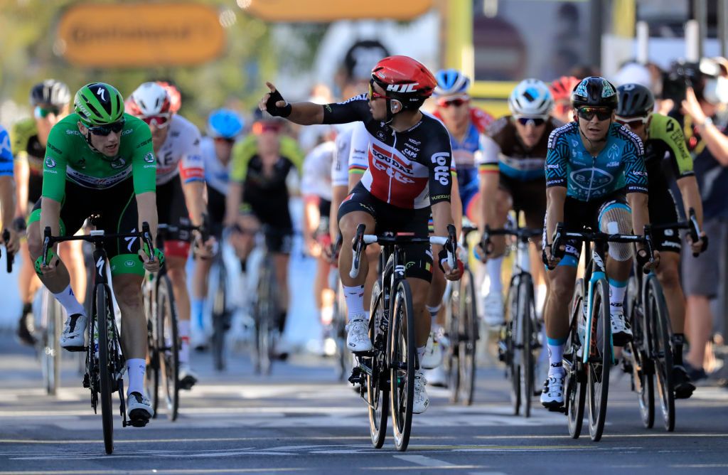 POITIERS FRANCE SEPTEMBER 09 Arrival Caleb Ewan of Australia and Team Lotto Soudal Celebration Peter Sagan of Slovakia and Team Bora Hansgrohe Sam Bennett of Ireland and Team Deceuninck QuickStep Green Points Jersey during the 107th Tour de France 2020 Stage 11 a 1675km stage from ChatelaillonPlage to Poitiers TDF2020 LeTour on September 09 2020 in Poitiers France Photo by Christophe PetitTesson PoolGetty Images