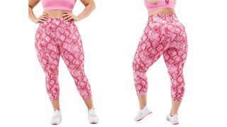 a side-by-side of a woman wearing the Fabletics Define High-Waisted Capri, one of w&h's best plus-size leggings picks, at two different angles