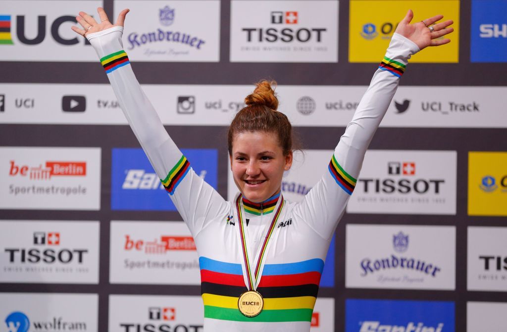 Gold medalist US Chloe Dygert poses on the podium after the womens individual pursuit final at the UCI track cycling World Championship at the velodrome in Berlin on February 29 2020 Photo by Odd ANDERSEN AFP Photo by ODD ANDERSENAFP via Getty Images