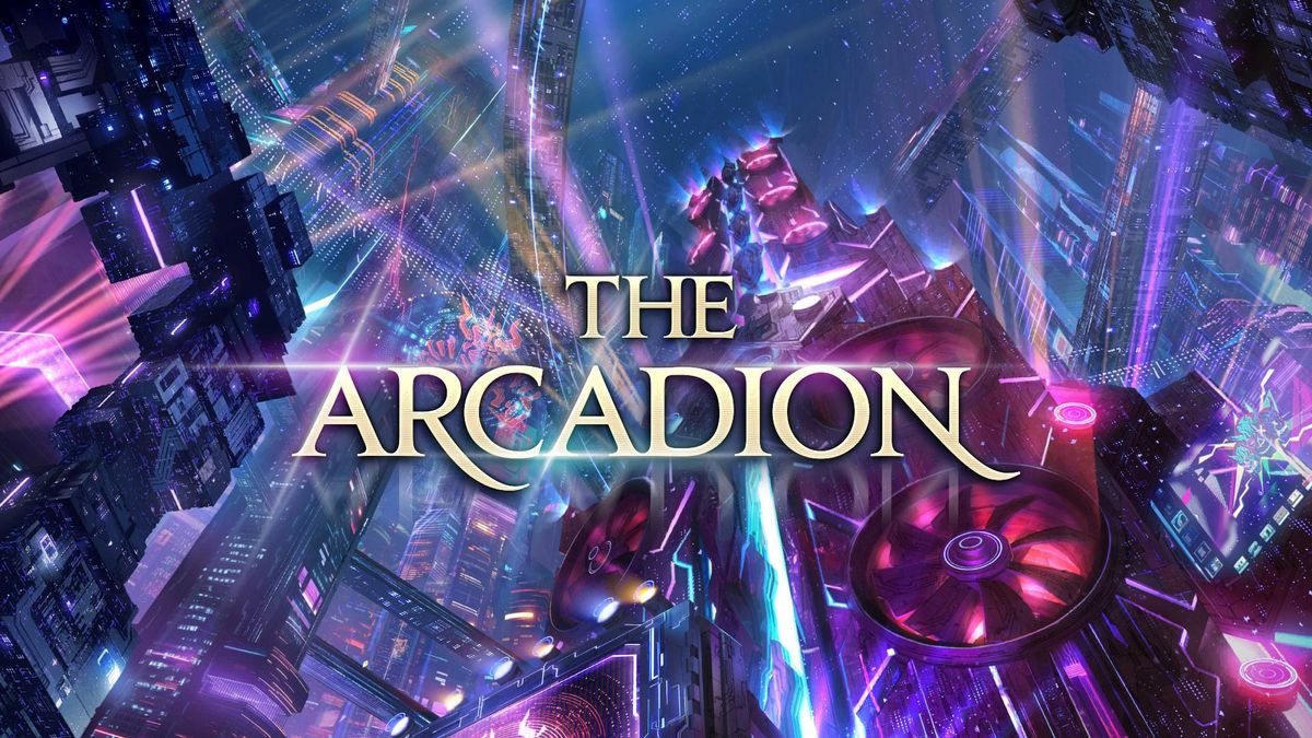 Concept art for Final Fantasy 14&#039;s new Arcadion raid showing a purple cyberpunk tower in a city