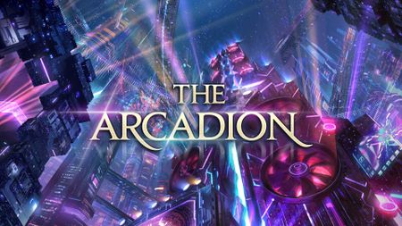 Concept art for Final Fantasy 14's new Arcadion raid showing a purple cyberpunk tower in a city