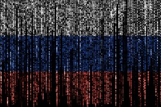 Flag of Russia on a computer binary codes falling from the top and fading away