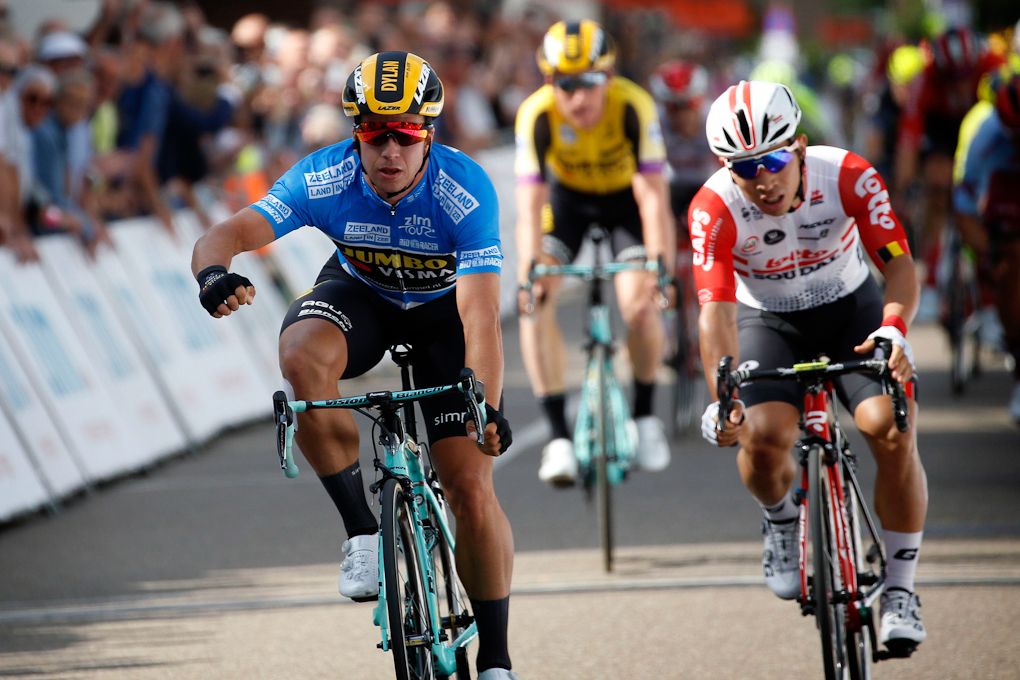 Dylan Groenewegen celebrates winning stage 2 at the ZLM Tour