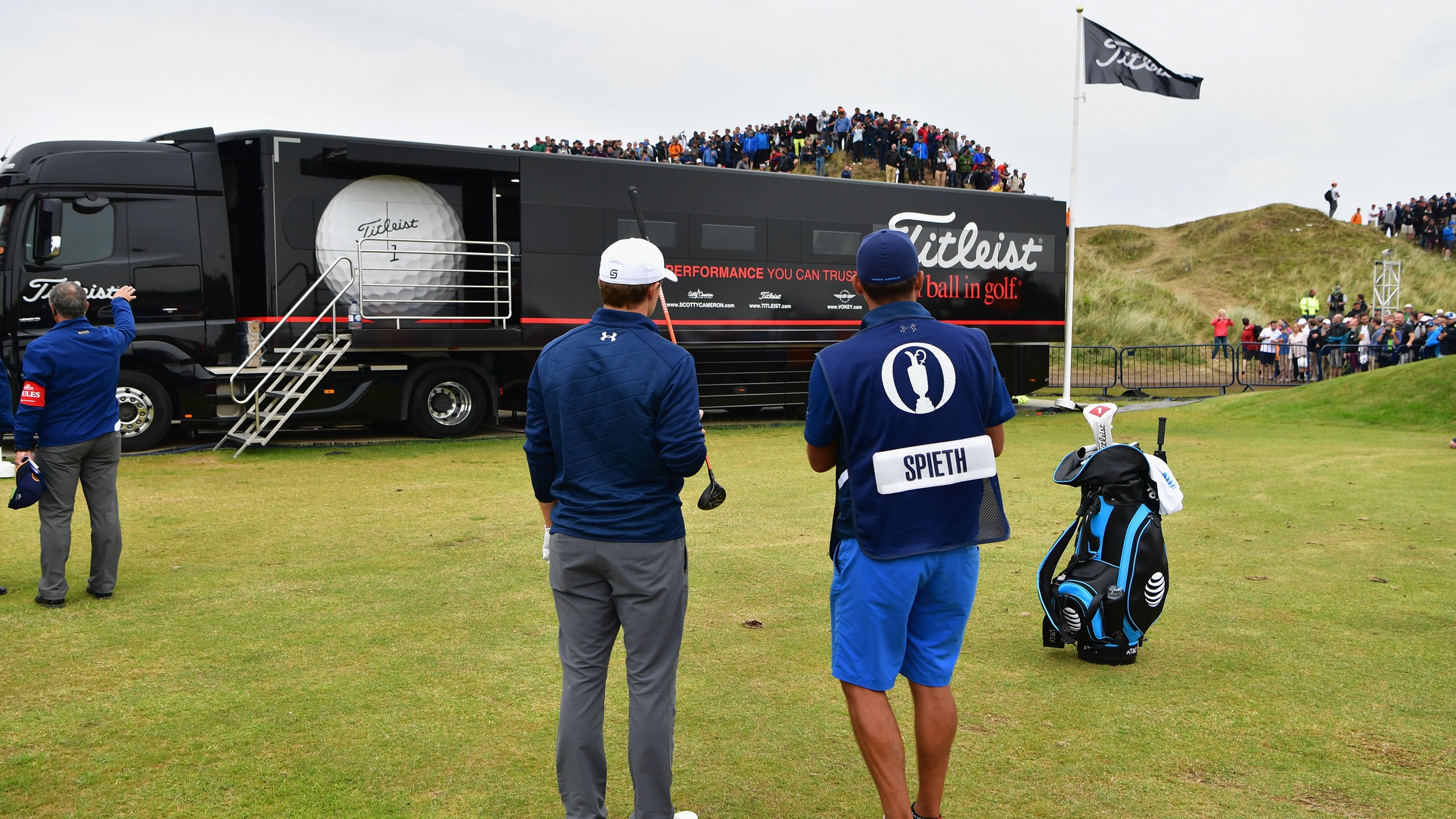 Jordan Spieth plays a shot from the driving range at Royal Birkdale at the 2017 Open Championship