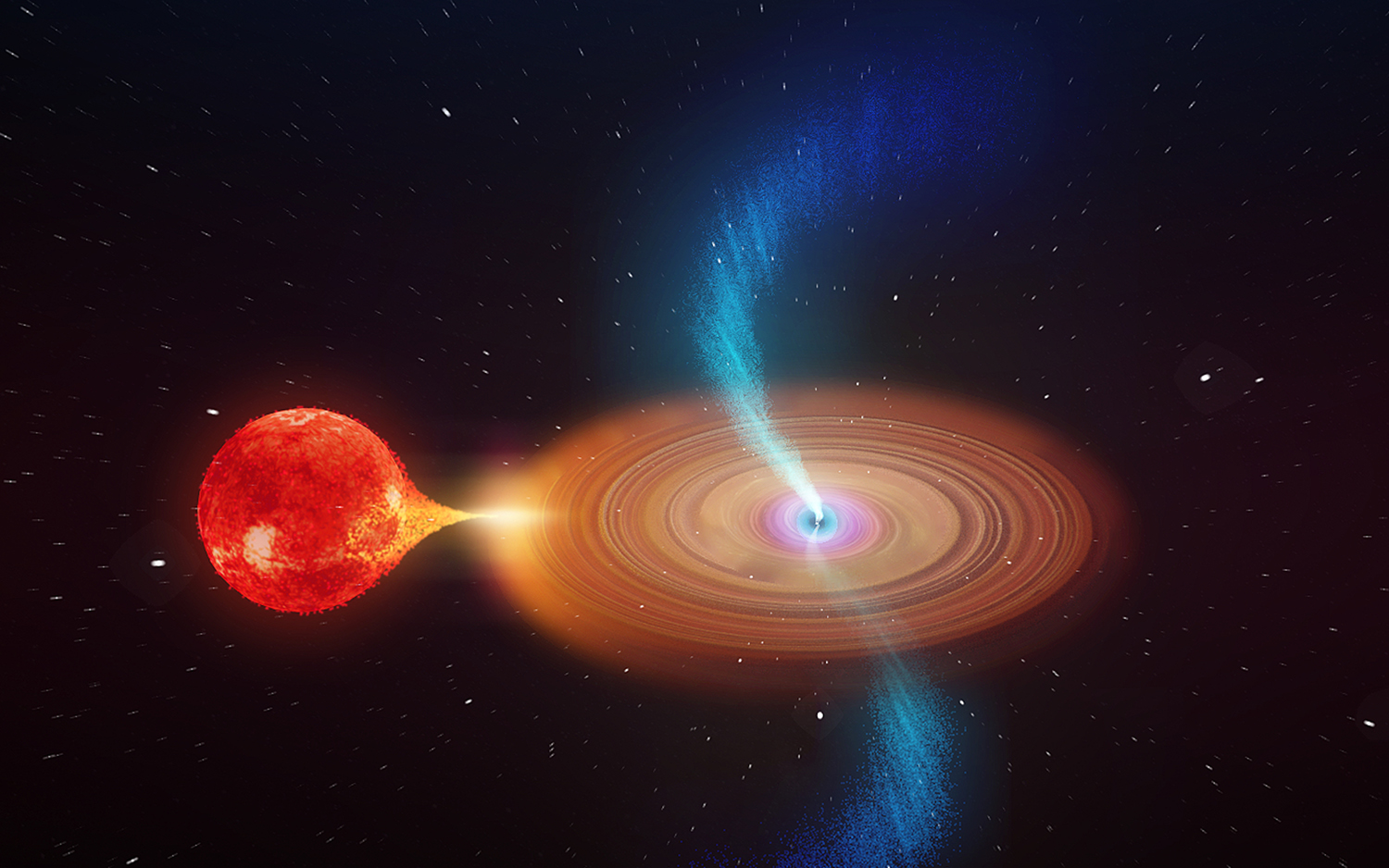 Artist's impression of V404 Cygni seen close up. The binary star system consists of a normal star in orbit with a black hole. Material from the star falls toward the black hole and spirals inward in an accretion disk, with powerful jets launched from the inner regions close to the black hole.