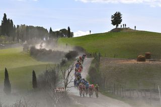 SIENA ITALY MARCH 09 Landscape Peloton Dust during the Eroica 13th Strade Bianche 2019 a 184km race from Siena to SienaPiazza del Campo StradeBianche on March 09 2019 in Siena Italy Photo by Tim de WaeleGetty Images