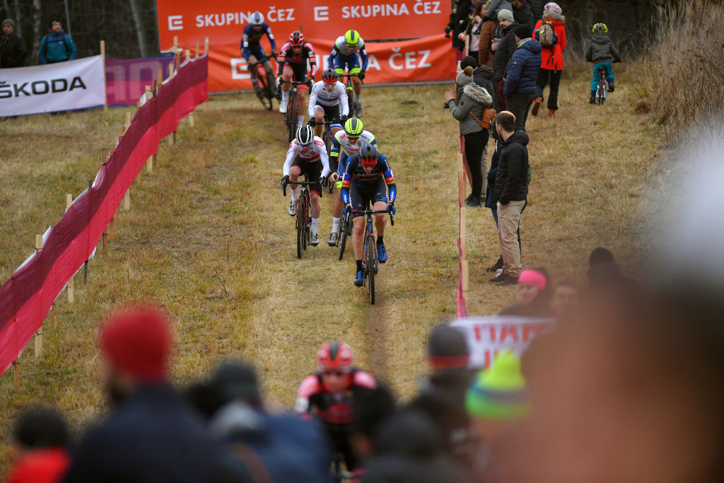 TABOR CZECH REPUBLIC NOVEMBER 14 A general view of Eli Iserbyt of Belgium and Team Pauwels Sauzen Bingoal Lars Van Der Haar of Netherlands and Team Baloise Trek Lions Corne Van Kessel of Netherlands and Tormans Cyclo Cross Team and Toon Aerts of Belgium and Team Baloise Trek Lions compete during the 25th Tabor UCI CycloCross Worldcup 2021 Mens Elite CXWorldCup on November 14 2021 in Tabor Czech Republic Photo by Luc ClaessenGetty Images