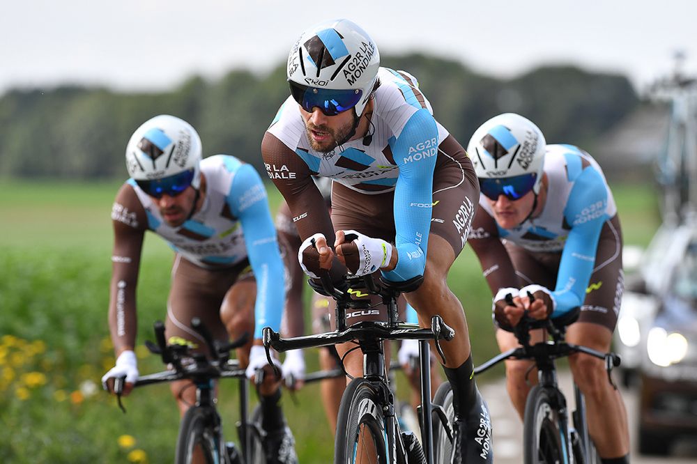 Christophe Riblon drives AG2R La Mondiale in the Eneco team time trial