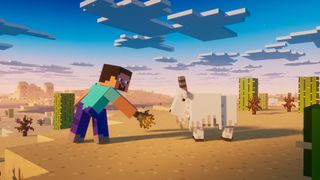 download Minecraft - Steve trying to feed a goat in a desert