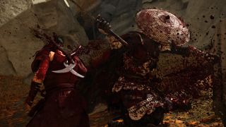 Blood splatters as Atsu slays an enemy in Ghost of Yotei with Takashi Miike mode on