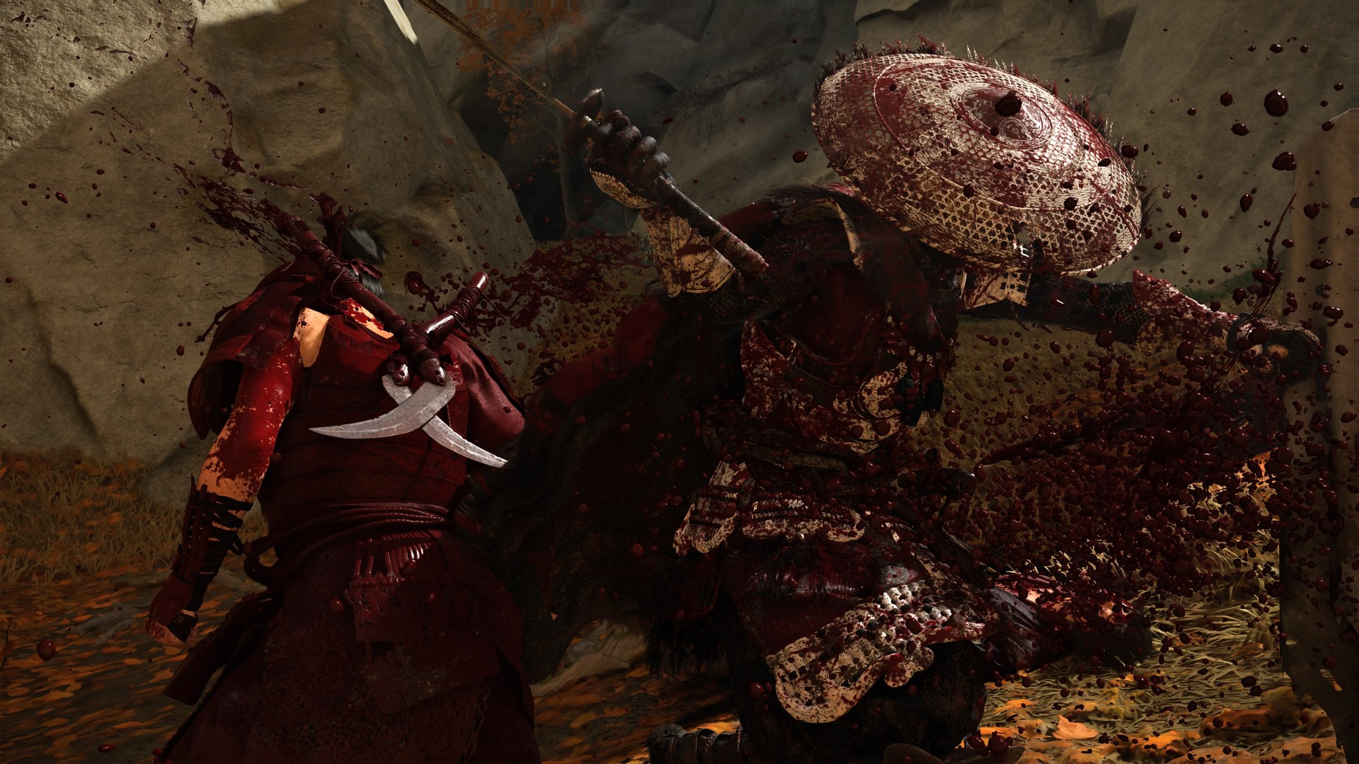 Blood splatters as Atsu slays an enemy in Ghost of Yotei with Takashi Miike mode on