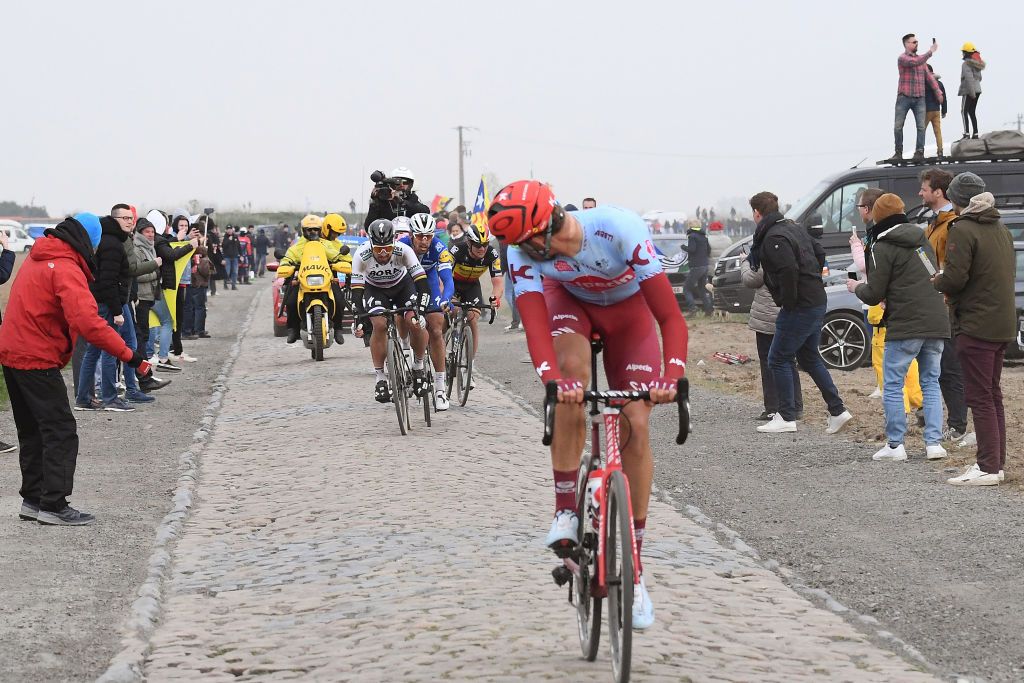 ROUBAIX FRANCE APRIL 14 Nils Politt of Germany and Team KatushaAlpecin Peter Sagan of Slovakia and Team BORA hansgrohe Philippe Gilbert of Belgium and Team DeceuninckQuickStep Yves Lampaert of Belgium and Team DeceuninckQuickStep Sector 4 Carrefour de lArbre Cobblestones Fans Public during the 117th ParisRoubaix a 257km race from Compigne to Roubaix ParisRoubaix ParisRoubaix PRBX LEnfer du Nord on April 14 2019 in Roubaix France Photo by Stephane ManteyPoolGetty Images