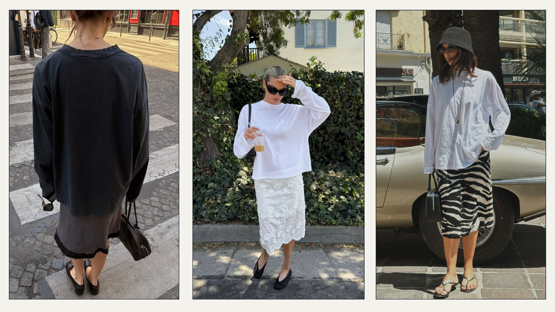 Collage of influencers wearing long-sleeve t-shirts with knee-length and midi skirts.