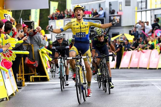 Rafal Majka (Tinkoff - Saxo) sprints in first ahead of a small group during the mountain stage