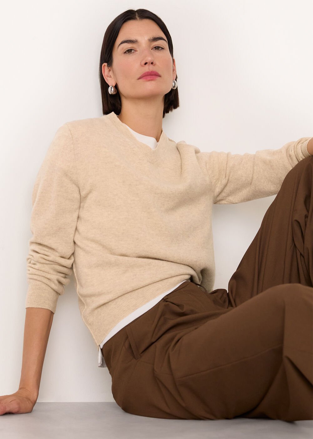 Oatmeal Wool V Neck Knit