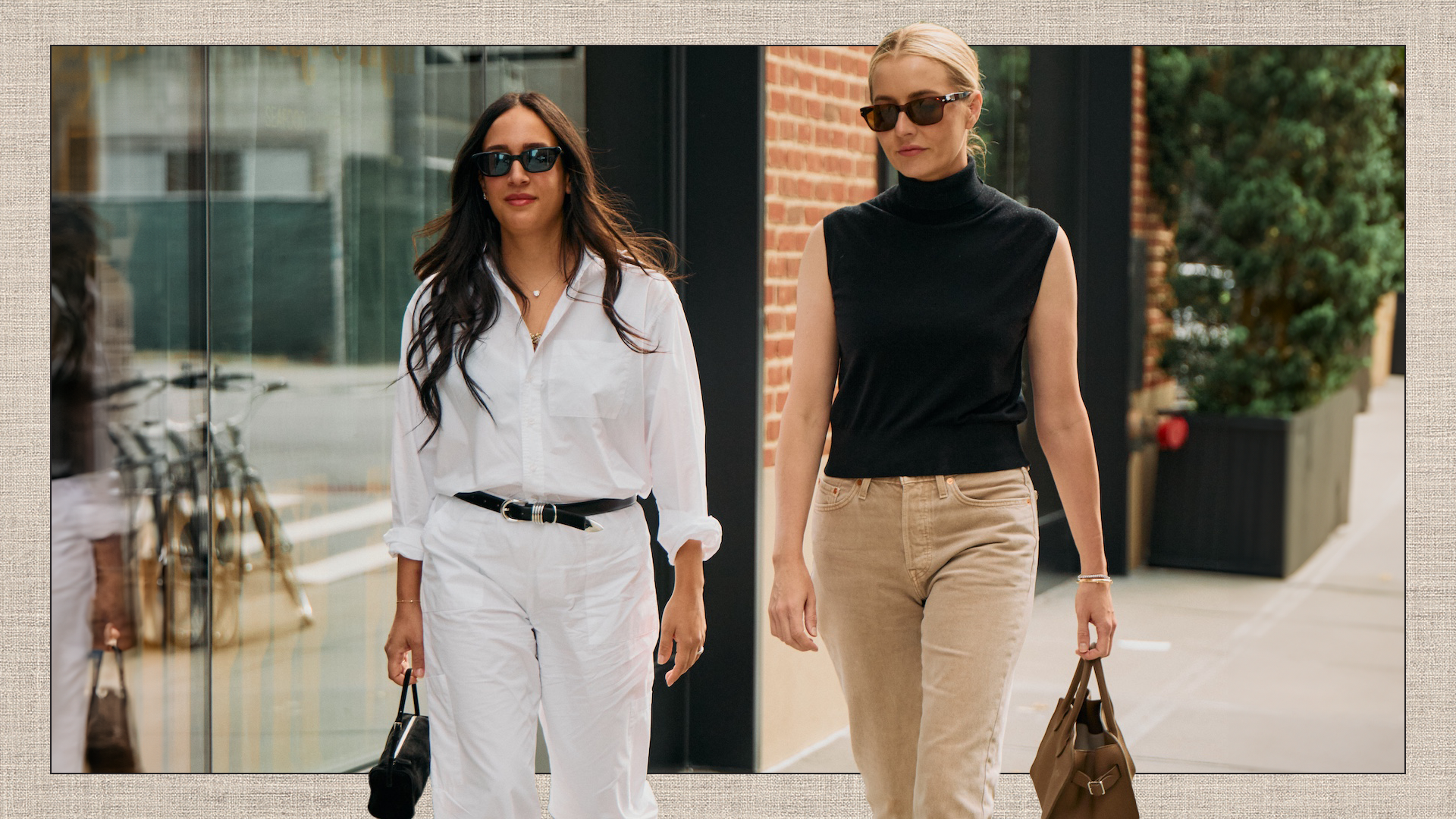 New York Fashion Week NYFW ss26 street style shot of Who What Wear fashion editors Nicole Akhtarzad Eshaghpour and Kristin Nichols wearing chic outfits with elevated basics like a white button-down shirt, black belt, black sleeveless turtleneck top, and corduroy pants