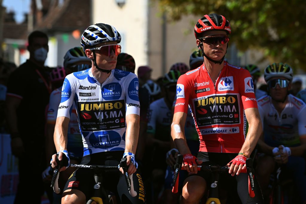 SAUVETERREDEBARN SPAIN SEPTEMBER 09 LR Jonas Vingegaard of Denmark Polka dot Mountain Jersey and Sepp Kuss of The United States and Team JumboVisma Red Leader Jersey prior to the 78th Tour of Spain 2023 Stage 14 a 1562km stage from SauveterredeBarn to LarraBelagua 1588m UCIWT on September 09 2023 in SauveterredeBarn Spain Photo by Tim de WaeleGetty Images