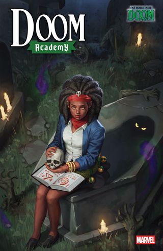 Zoe Laveau sitting on a casket holding a skull