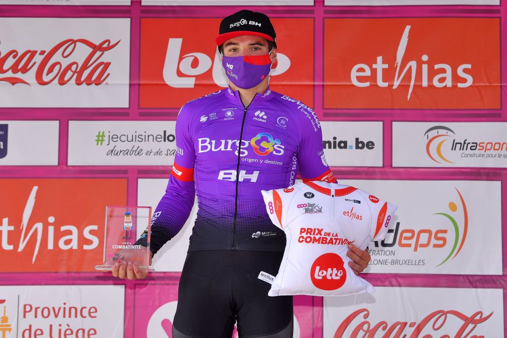 VISE BELGIUM AUGUST 18 Podium Carlos Canal Blanco of Spain and Team Burgos BH Most Combative Rider Celebration Trophy Covid safety measures during the 41st Tour de Wallonie 2020 Stage 3 a 192km stage from Montzen to Vise TourdeWallonie TRW2020 on August 18 2020 in Vise Belgium Photo by Luc ClaessenGetty Images