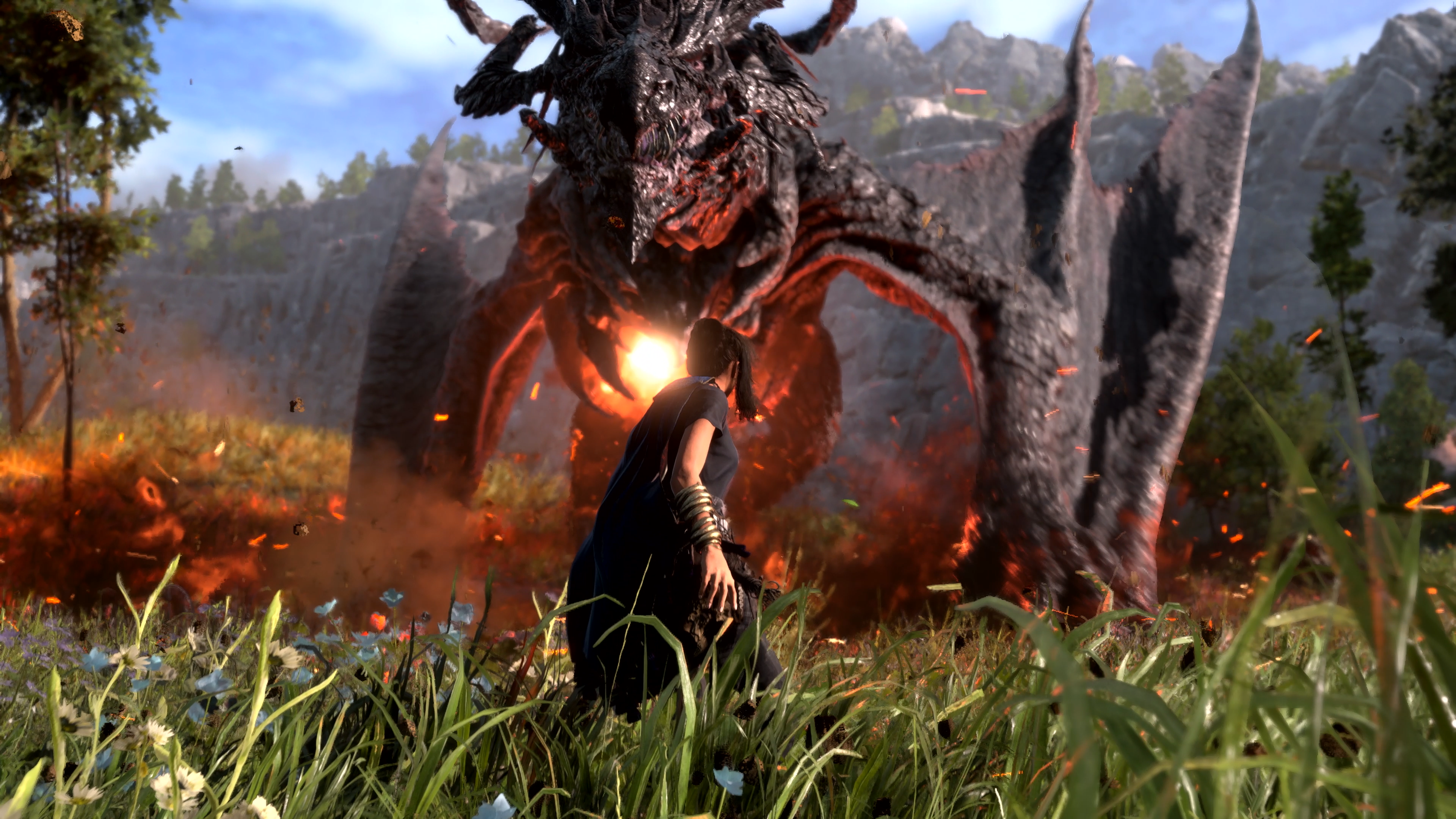 Forspoken's Frey facing off against a dragon