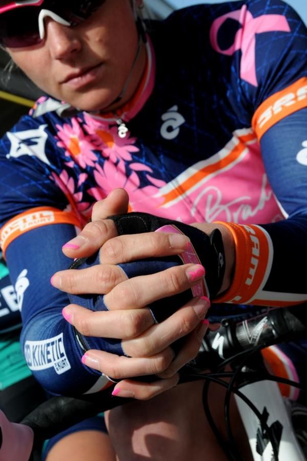 Erica at the start of the Beaumont Circuit Race -- with nails to match her jersey!