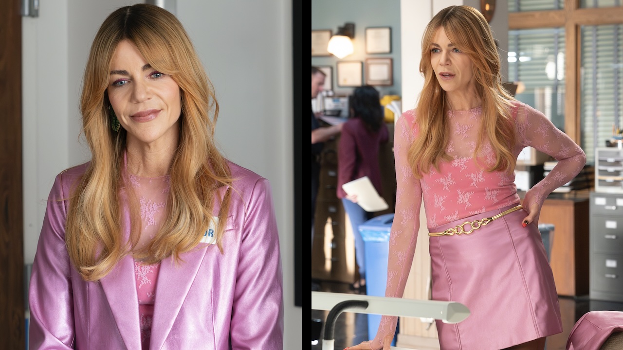 Side-by-side of Kaitlin Olson&#039;s Morgan in pink outfit in High Potential Season 2