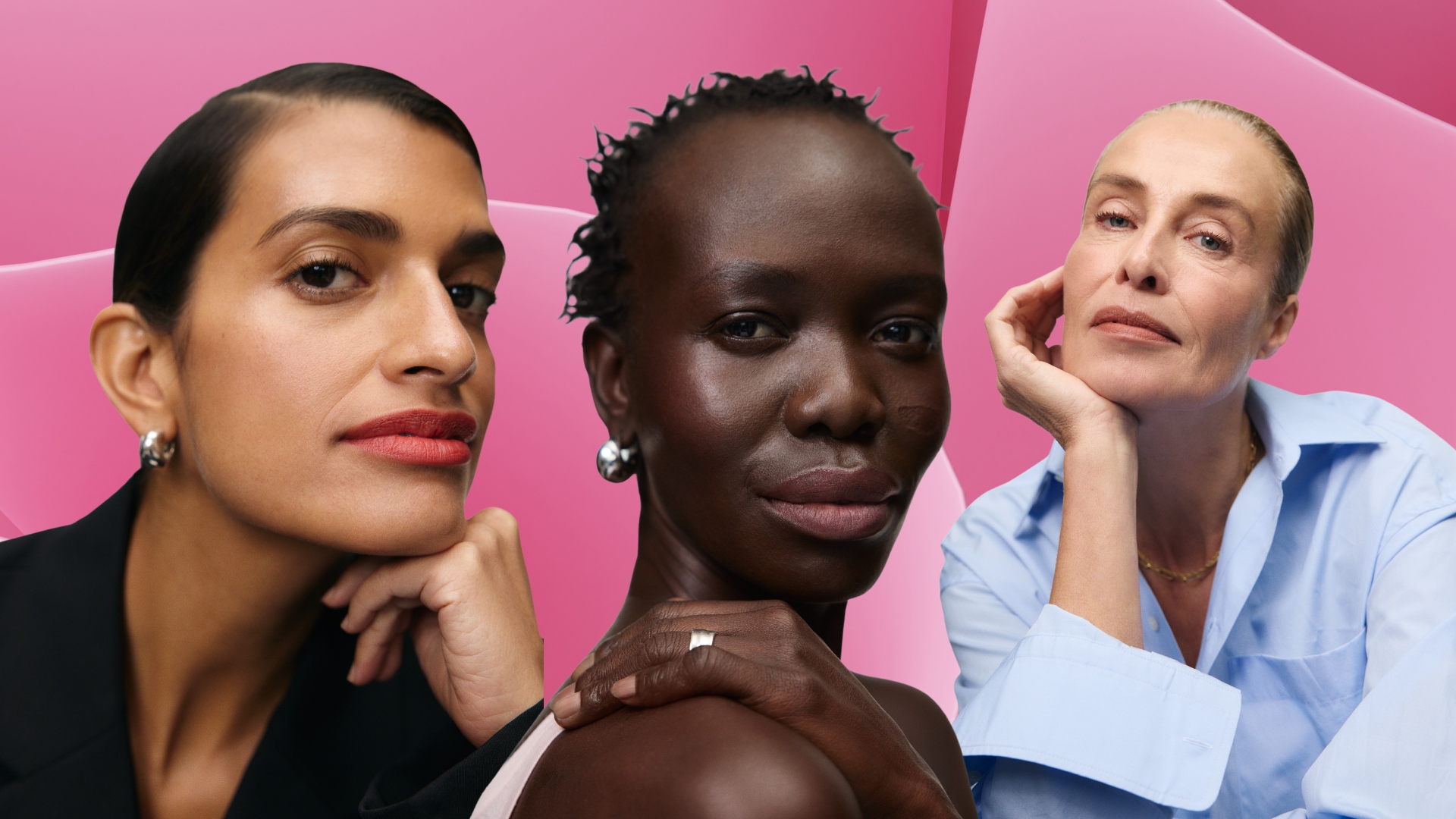 collage of women wearing matte lipstick on a pink background