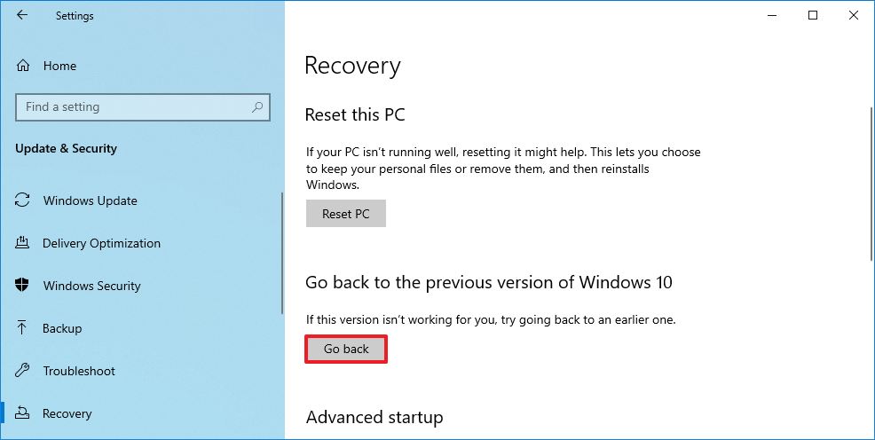 Windows 10 rollback option