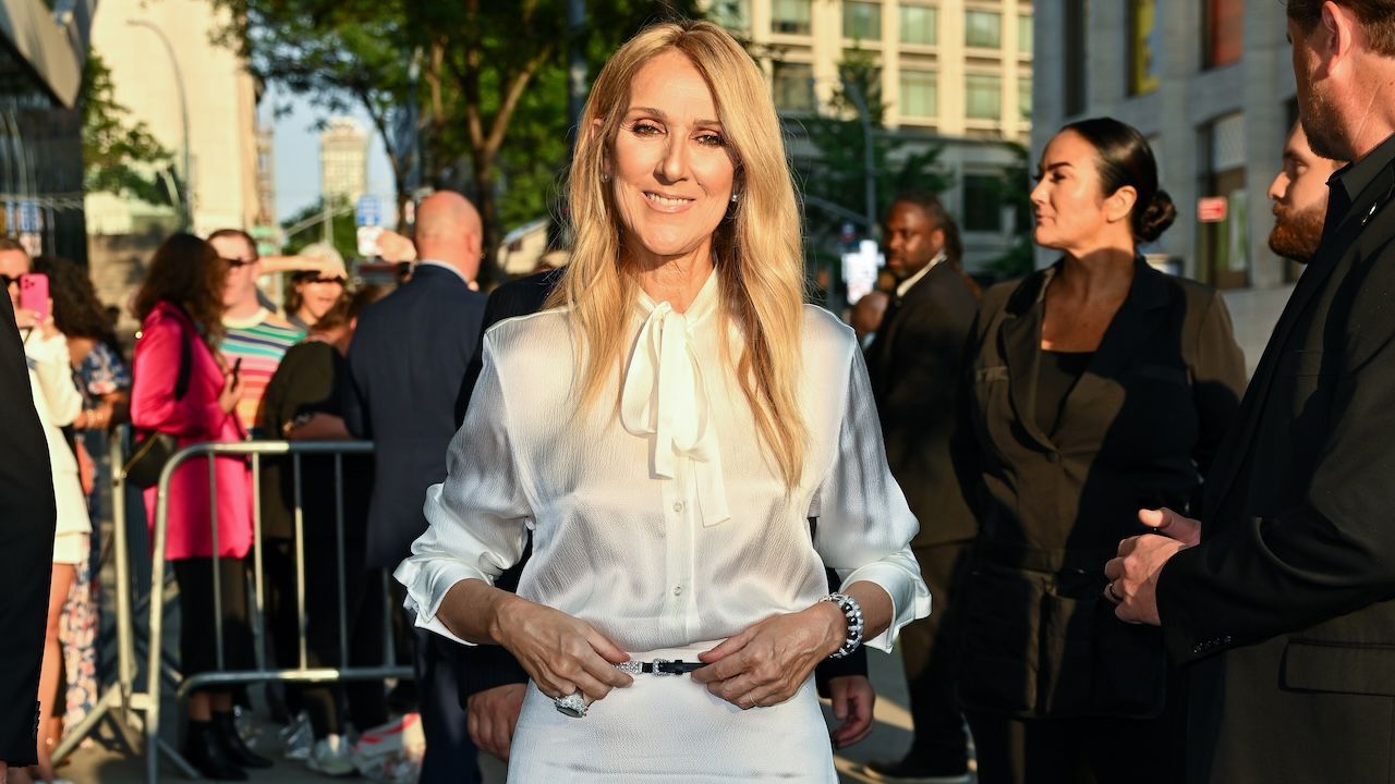 Céline Dion wearing a white button down blouse tucked into a matching maxi skirt at the &#039;I Am: Celine Dion&#039; New York premiere June 2024