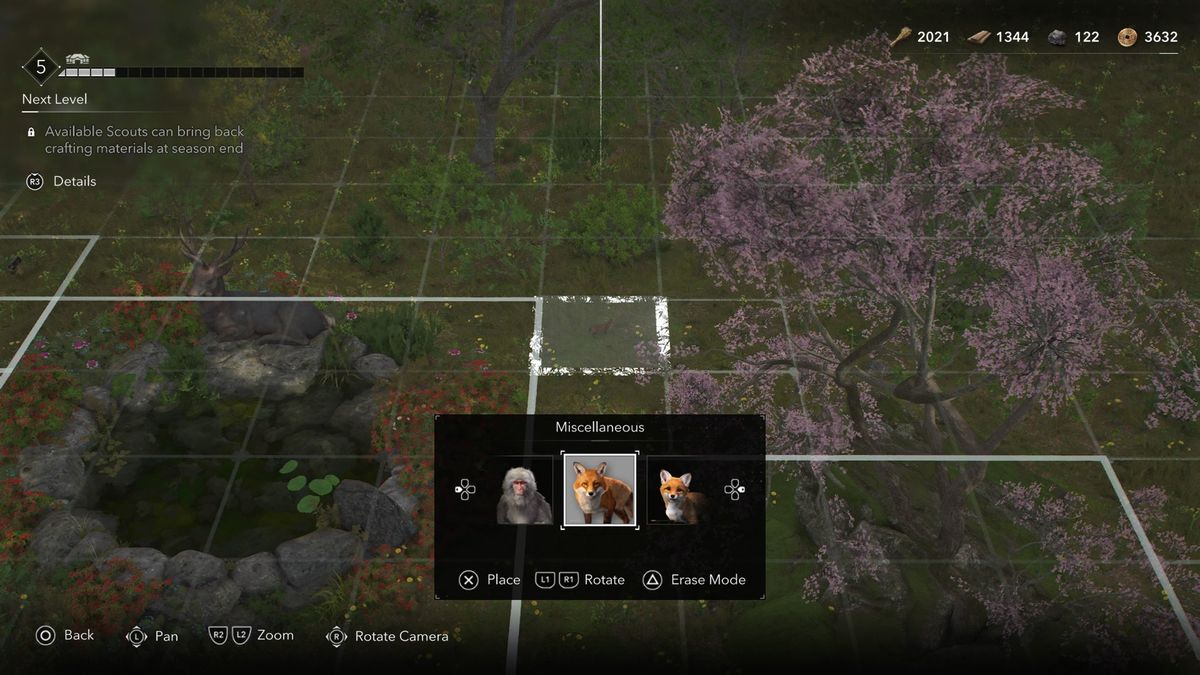 Assassin's Creed Shadows screenshot of base customization menu where you can set down pets in your hideout on a grid