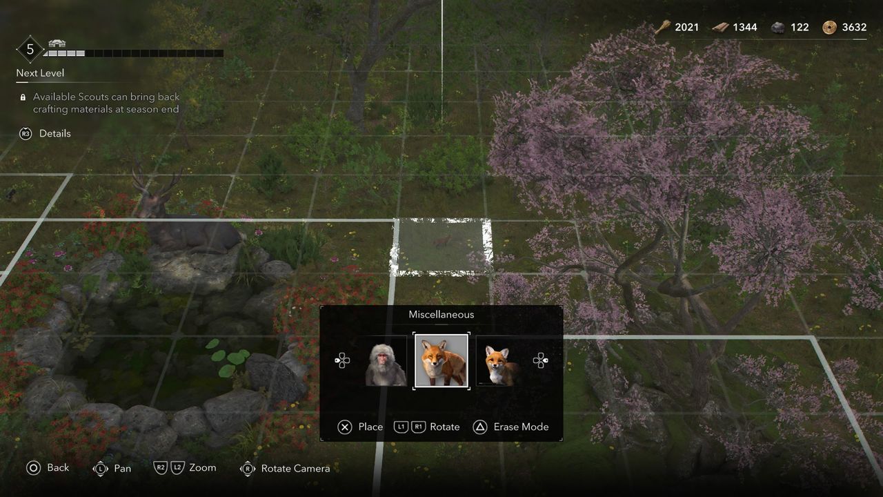 Assassin's Creed Shadows screenshot of base customization menu where you can set down pets in your hideout on a grid