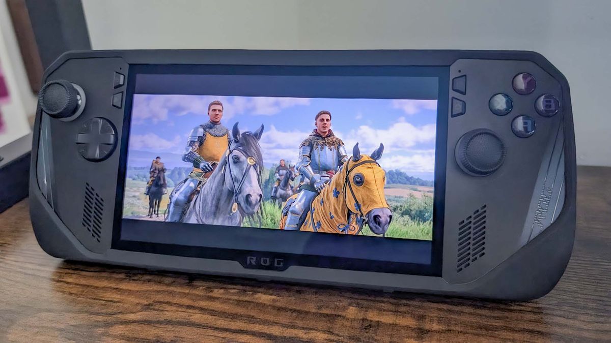 Kingdom Come: Deliverance II running on ROG Ally X. Two men featured riding horses.