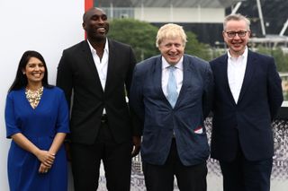 Sol Campbell alongside Conservative politicians Boris Johnson, Priti Patel and Michael Gove at a Vote Leave rally in 2016.