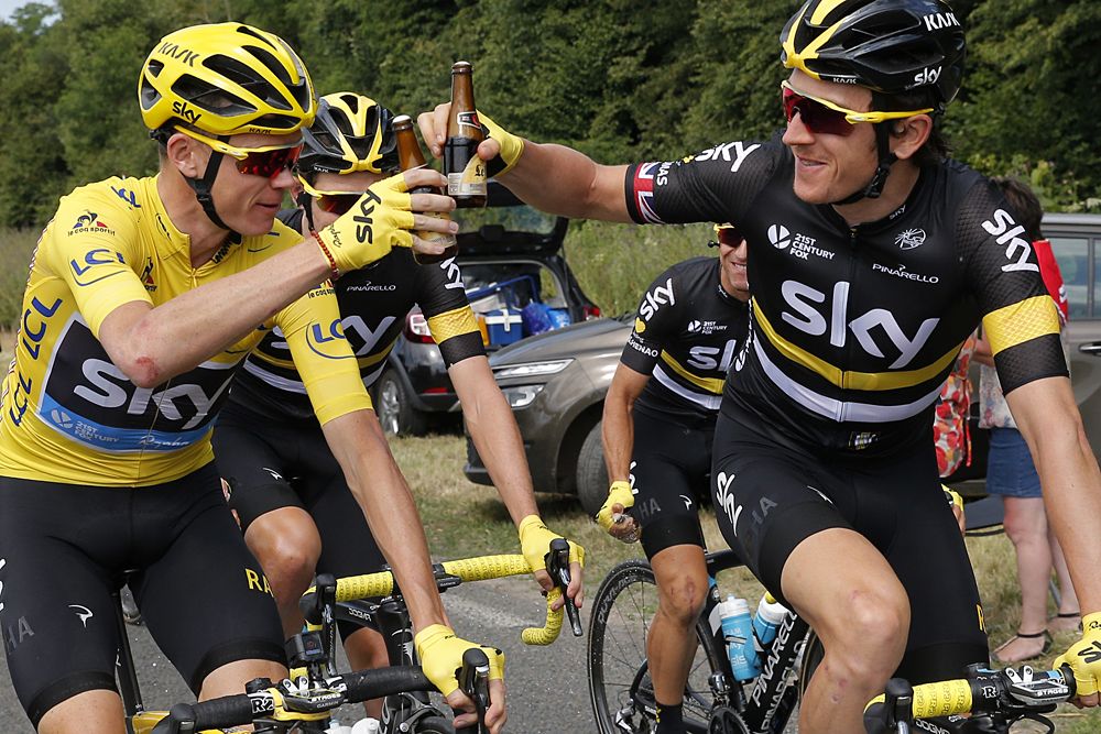 Chris Froome celebrates with his Team Sky teammates on the final Tour de France stage