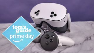 Meta Quest 3S and two controllers on a table with a Tom's Guide deal tag overlay