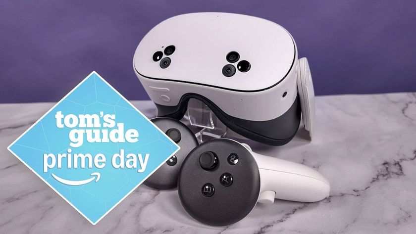 Meta Quest 3S and two controllers on a table with a Tom&#039;s Guide deal tag overlay