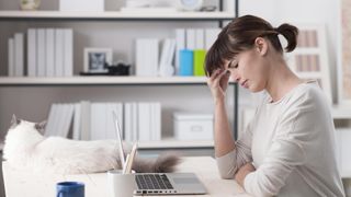 Stressed woman with white cat on desk