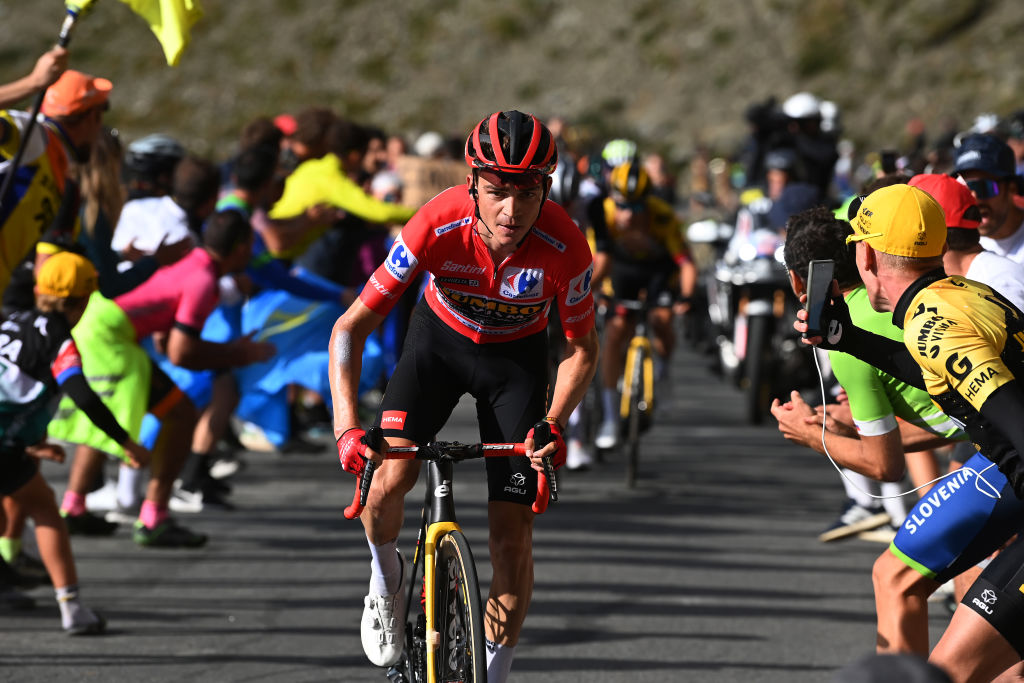 COL DU TOURMALET FRANCE SEPTEMBER 08 Sepp Kuss of The United States and Team JumboVisma Red Leader Jersey attacks in the breakaway during the 78th Tour of Spain 2023 a 1347km stage from Formigal Huesca la Magia to Col du Tourmalet 2115m UCIWT on September 08 2023 in Col du Tourmalet France Photo by Tim de WaeleGetty Images