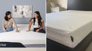 On the left, a shot of our sleep testers sitting on the Nectar Premier Memory Foam Mattress on a bed frame in the sleep studio. On the right, the Zinus Green Tea Memory Foam Mattress on a bed frame in our tester's bedroom.