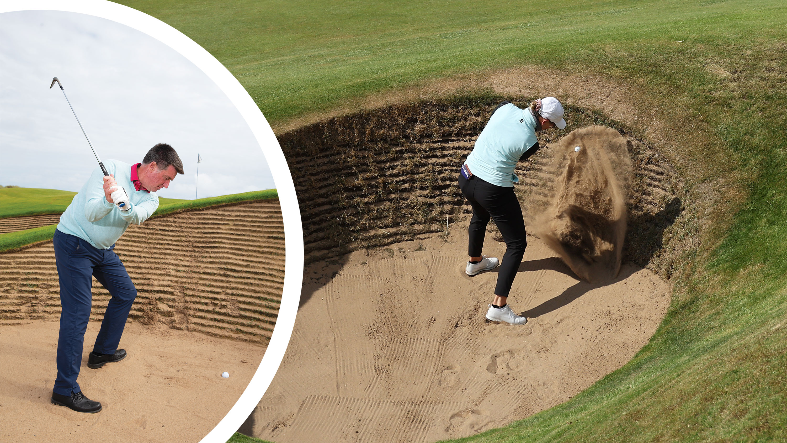 Jessica Korda hitting a shot from a plugged lie near the face of the bunker at the AIG Women's Open, with an inset image of Clive Tucker at the top of his backswing as he demonstrates how to play a bunker shot from a plugged lie near the face of the bunker