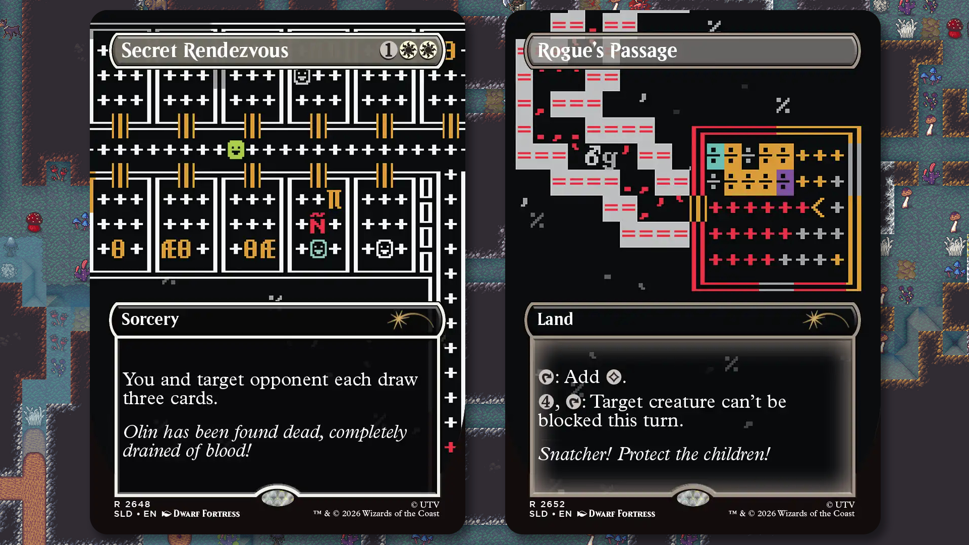 A pair of Secret Lair x Dwarf Fortress: Create New World cards.