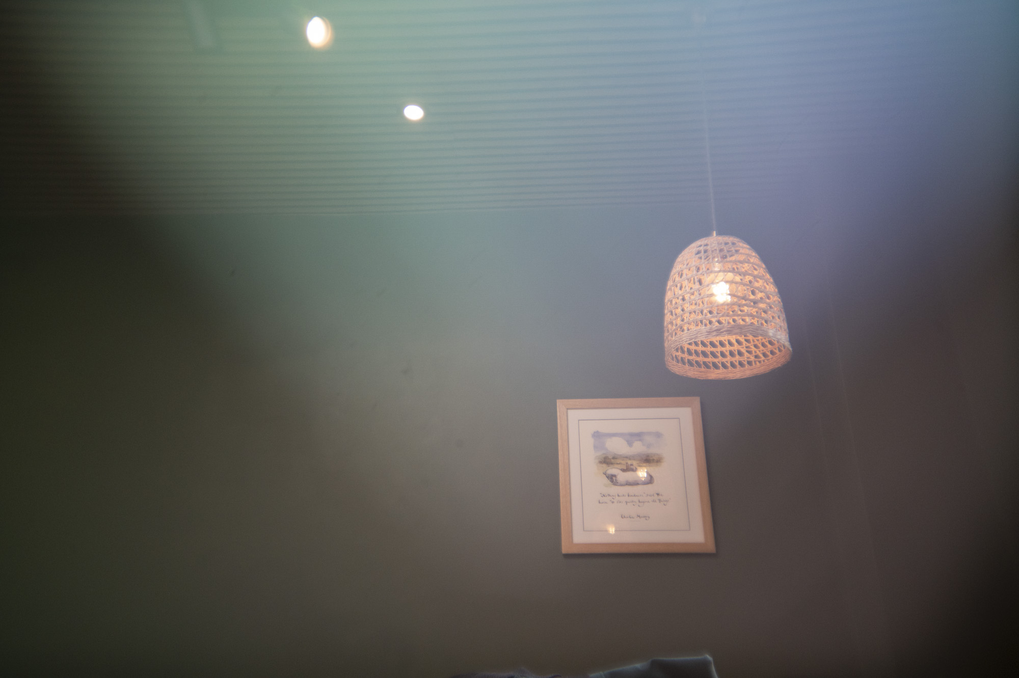 A lamp shade inside a cafe, with light leak effect