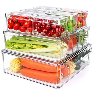 10 Pack Refrigerator clear Organizer Bins, With Lids pictured with cherries tomatoes celery carrots corn grapes strawberries inside the multiple sized bins