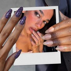 A collage of manicures, including a selfie of Dua Lipa and other fall/winter nail trends.