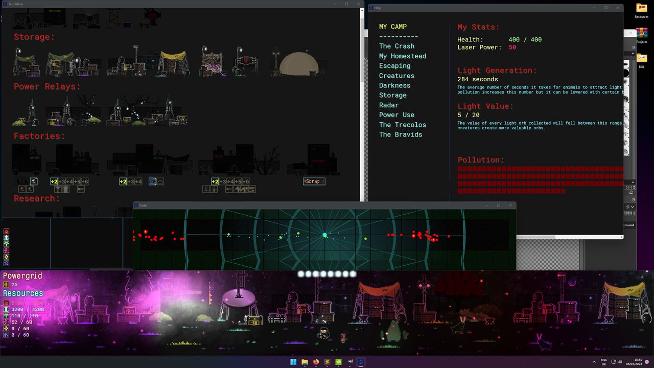 Screenshot of purple-blue cities and sci-fi screens from idler dEskape