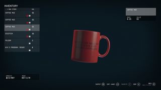 Starfield - A stolen mug in the inventory menu with the words "if you can read this get your own damn coffee mug" written across it