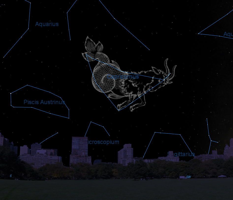 This sky map shows the location of the constellation Capricornus in the October evening sky as viewed from mid-northern latitudes.