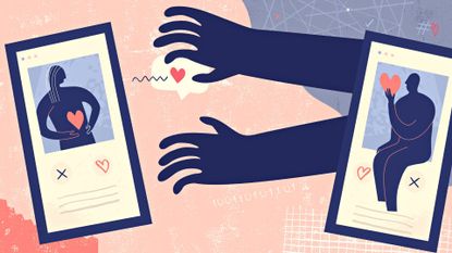 How to avoid a romance scammer. Pictured: Flat vector illustration created from hand drawn doodles and textures depicting online dating and privacy violations concept.