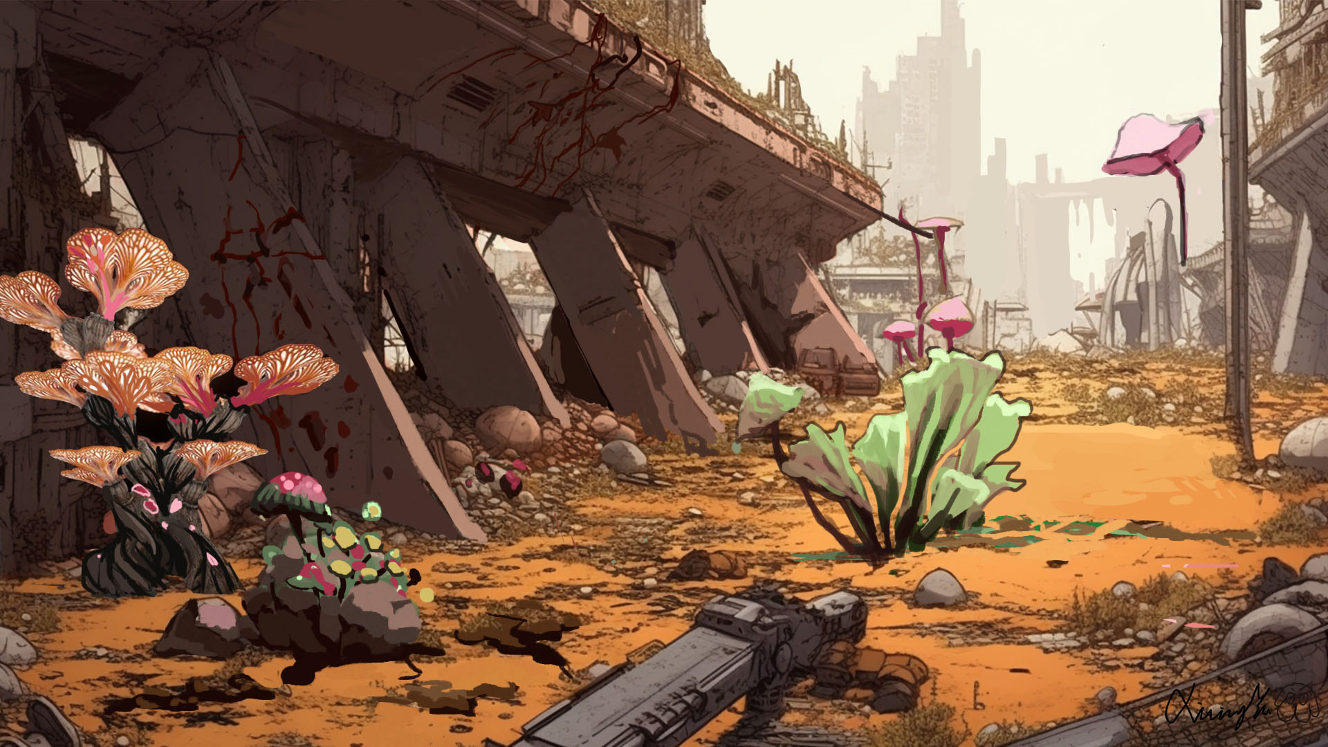 Concept art and screenshots from sci-fi shooter Mycopunk
